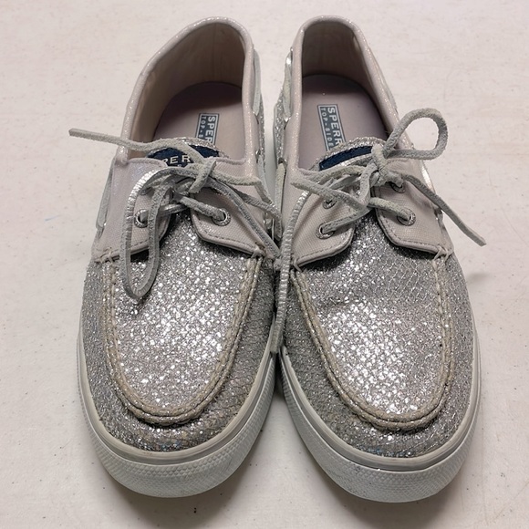 🎉HP🎉Sperry Top-Sider Silver Glitter Loafers/ Boat Shoes - Picture 2 of 10